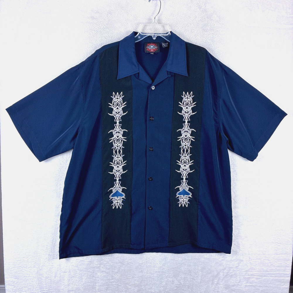 VTG Dragonfly Roadhouse Shirt Mens 3XL Black Blue Tribal Loop Collar Rockabilly